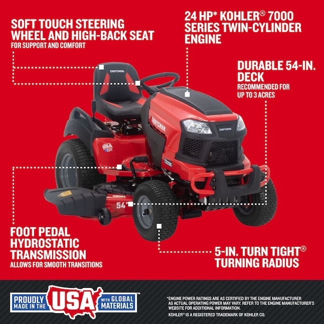 Craftsman T3200 Turn Tight 24 HP 54-Inch Hydrostatic Lawn Tractor with Kohler 7000 V-Twin and 5-Inch Turn Radius